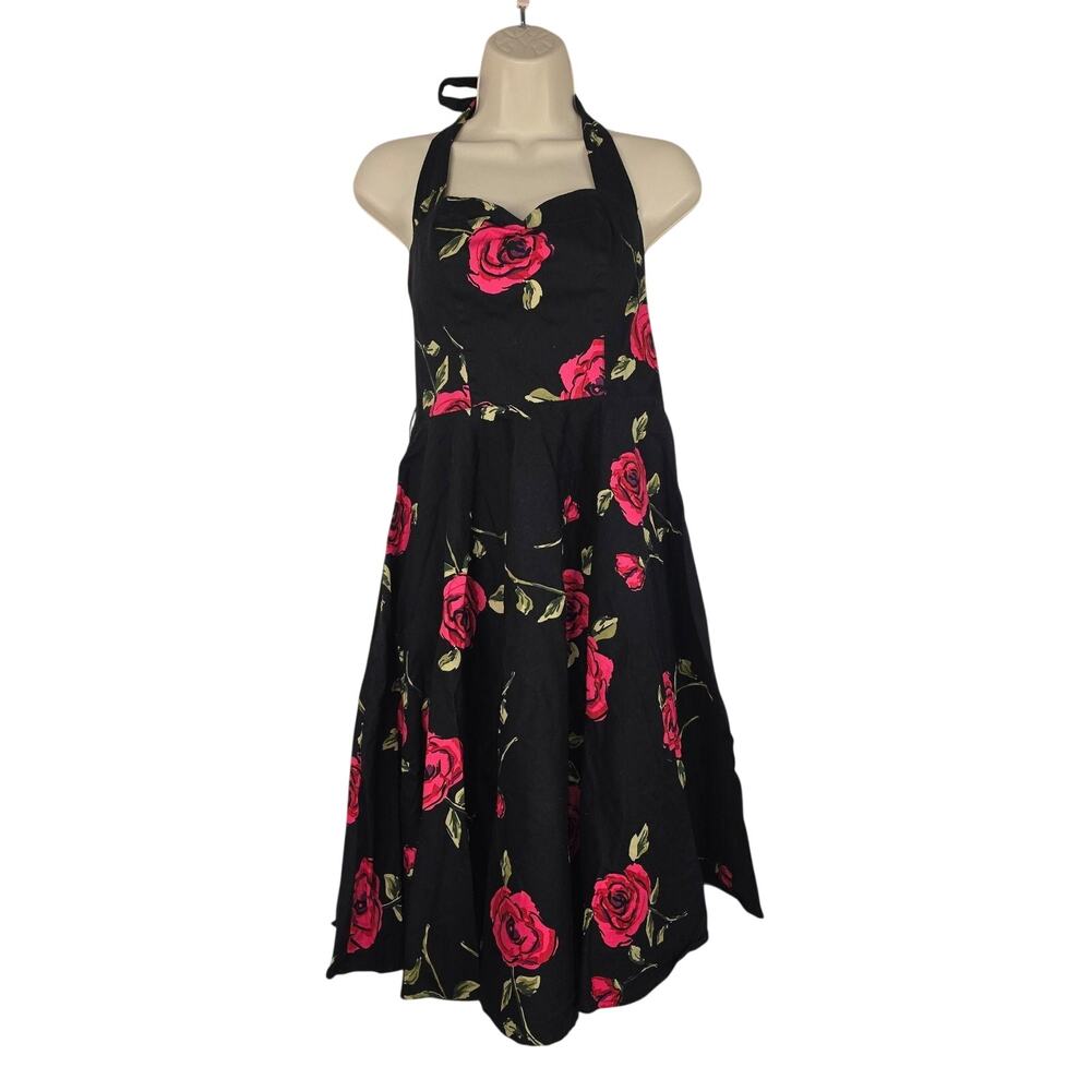 GK Dress Juniors 9 Black Rose Floral Halter Fit Flare Retro Rockabilly Sundress